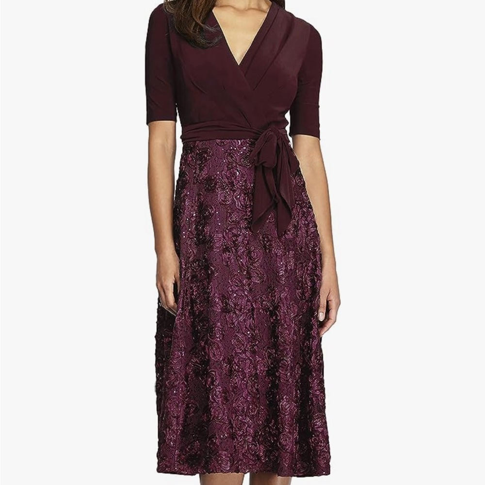 ALEX EVENING MERLOT WRAP DRESS, Size 12 NWT.